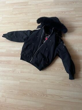 Moose Knuckles Black Bomber Jacket with Fur-Trim Hood